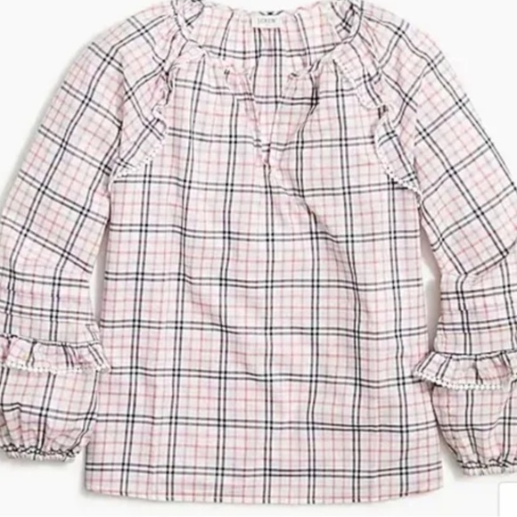 𝅺J. Crew Pastel Gingham Plaid ruffle-trim peasant long balloon sleeves poplin - Picture 4 of 4